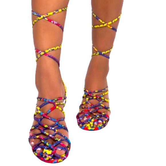 Azalea Wang Multi-Colored Nylon Strappy Lace Up Ankle Wrap High Heel Sandals - Picture 4 of 5
